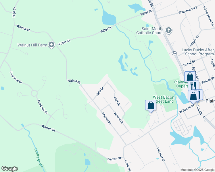 map of restaurants, bars, coffee shops, grocery stores, and more near 18 Cliff Drive in Plainville
