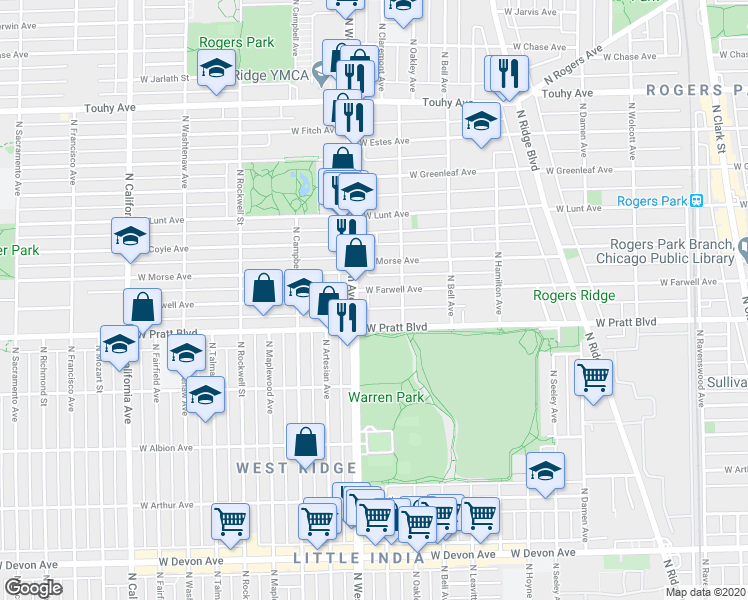 map of restaurants, bars, coffee shops, grocery stores, and more near 2307 West Farwell Avenue in Chicago