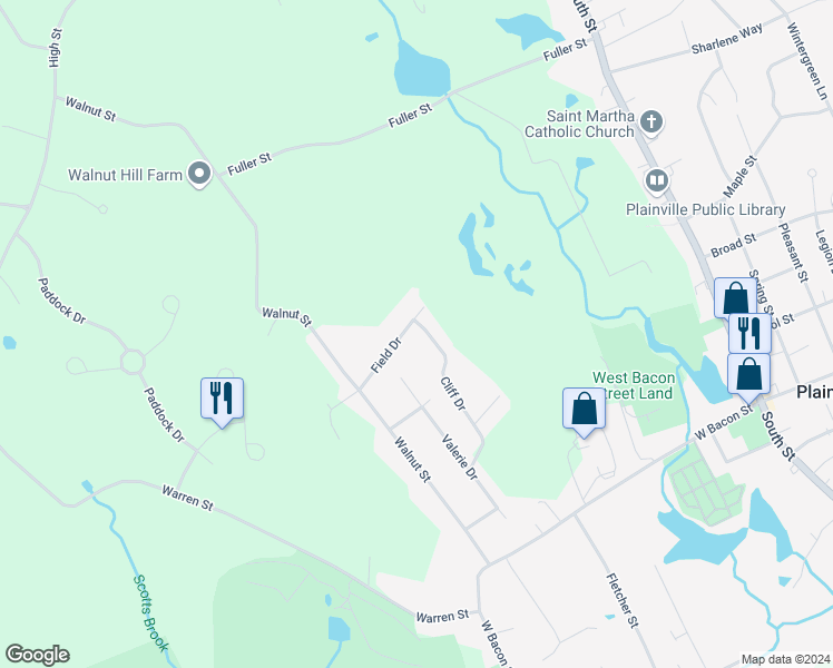 map of restaurants, bars, coffee shops, grocery stores, and more near 18 Cliff Drive in Plainville