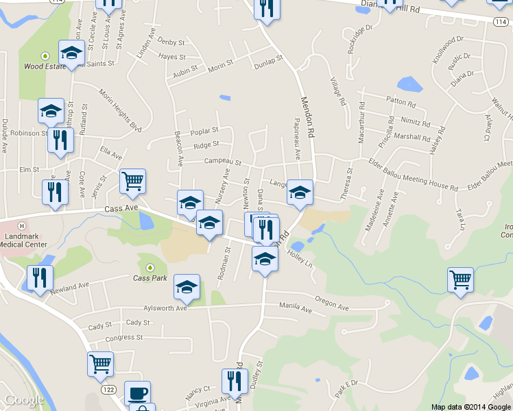 map of restaurants, bars, coffee shops, grocery stores, and more near 126 Dana Street in Woonsocket