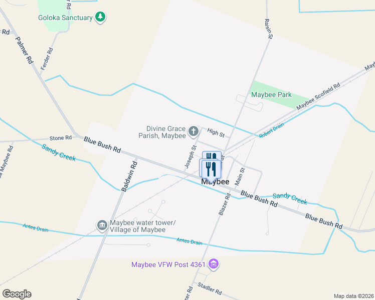 map of restaurants, bars, coffee shops, grocery stores, and more near 9117 Joseph Street in Maybee