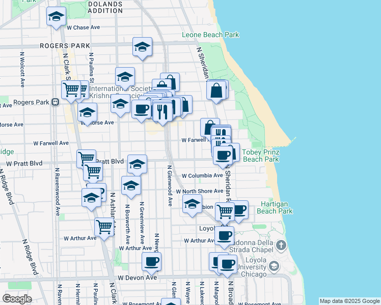 map of restaurants, bars, coffee shops, grocery stores, and more near 6812 North Lakewood Avenue in Chicago
