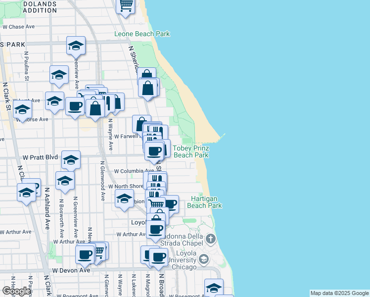 map of restaurants, bars, coffee shops, grocery stores, and more near 1094 West Pratt Boulevard in Chicago