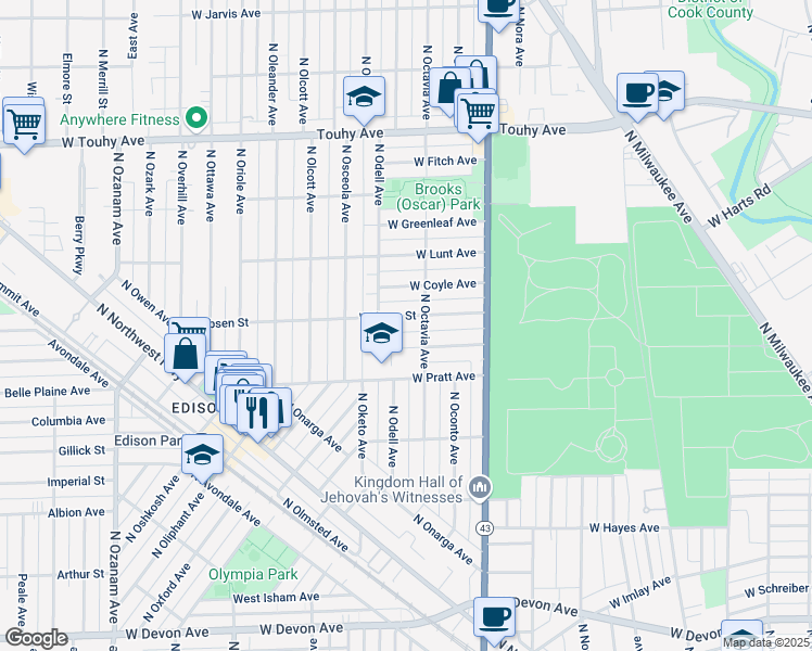 map of restaurants, bars, coffee shops, grocery stores, and more near 7319 West Ibsen Street in Chicago