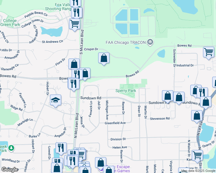 map of restaurants, bars, coffee shops, grocery stores, and more near 740 Michigan Avenue in South Elgin