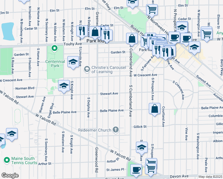 map of restaurants, bars, coffee shops, grocery stores, and more near 405 South Chester Avenue in Park Ridge