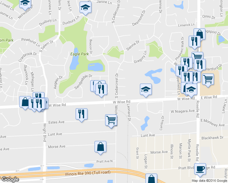 map of restaurants, bars, coffee shops, grocery stores, and more near 1114 South Cedarcrest Drive in Schaumburg