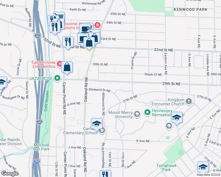 map of restaurants, bars, coffee shops, grocery stores, and more near 1386 Elmhurst Drive Northeast in Cedar Rapids