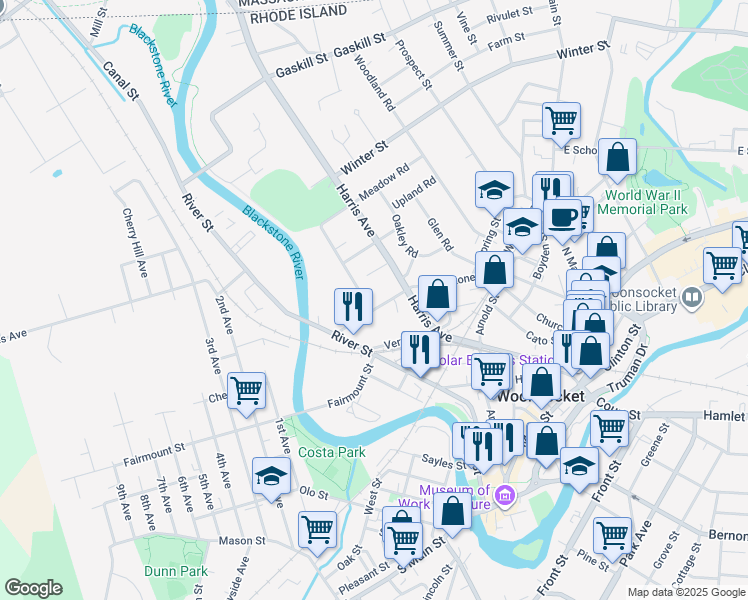 map of restaurants, bars, coffee shops, grocery stores, and more near 3 Highland Street in Woonsocket