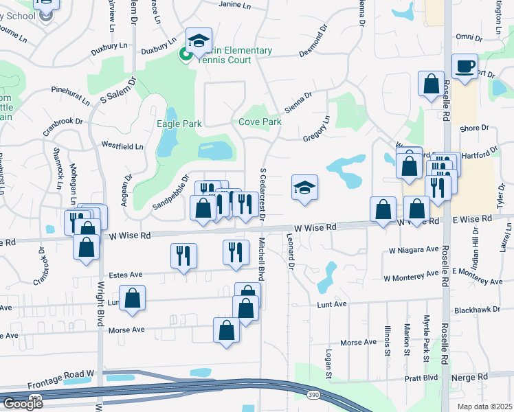 map of restaurants, bars, coffee shops, grocery stores, and more near 1114 South Cedarcrest Drive in Schaumburg