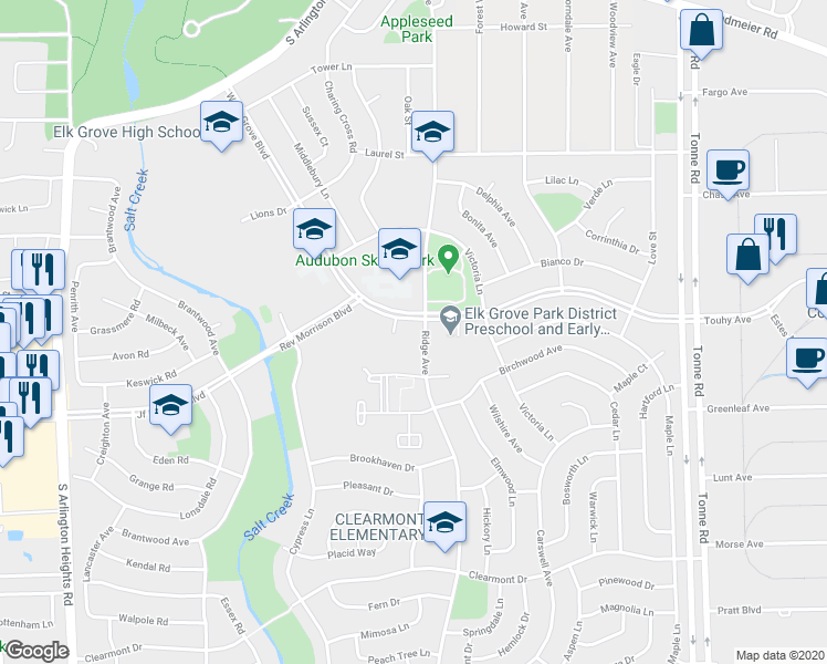 map of restaurants, bars, coffee shops, grocery stores, and more near 818 Ridge Avenue in Elk Grove Village