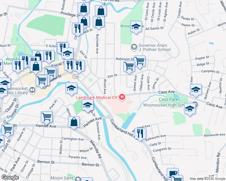 map of restaurants, bars, coffee shops, grocery stores, and more near 59 Wood Avenue in Woonsocket