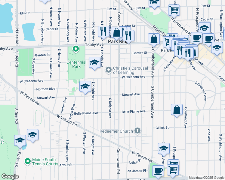 map of restaurants, bars, coffee shops, grocery stores, and more near 403 South Delphia Avenue in Park Ridge