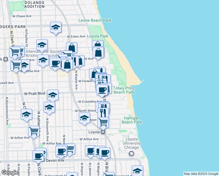 map of restaurants, bars, coffee shops, grocery stores, and more near 1140 West Pratt Boulevard in Chicago