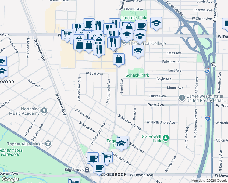 map of restaurants, bars, coffee shops, grocery stores, and more near 6842 North Central Avenue in Chicago