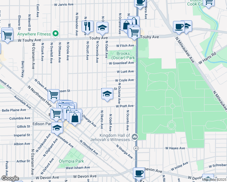 map of restaurants, bars, coffee shops, grocery stores, and more near 7319 West Ibsen Street in Chicago