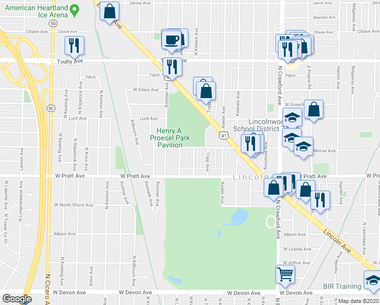 map of restaurants, bars, coffee shops, grocery stores, and more near 6848 North Kildare Avenue in Lincolnwood