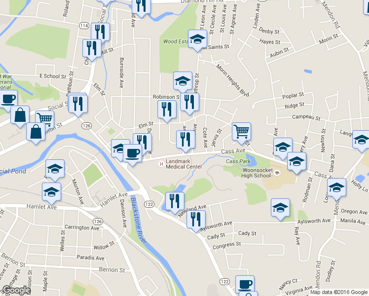 map of restaurants, bars, coffee shops, grocery stores, and more near 19 Hebert Avenue in Woonsocket