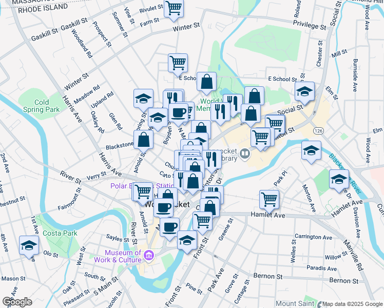 map of restaurants, bars, coffee shops, grocery stores, and more near 17 North Main Street in Woonsocket