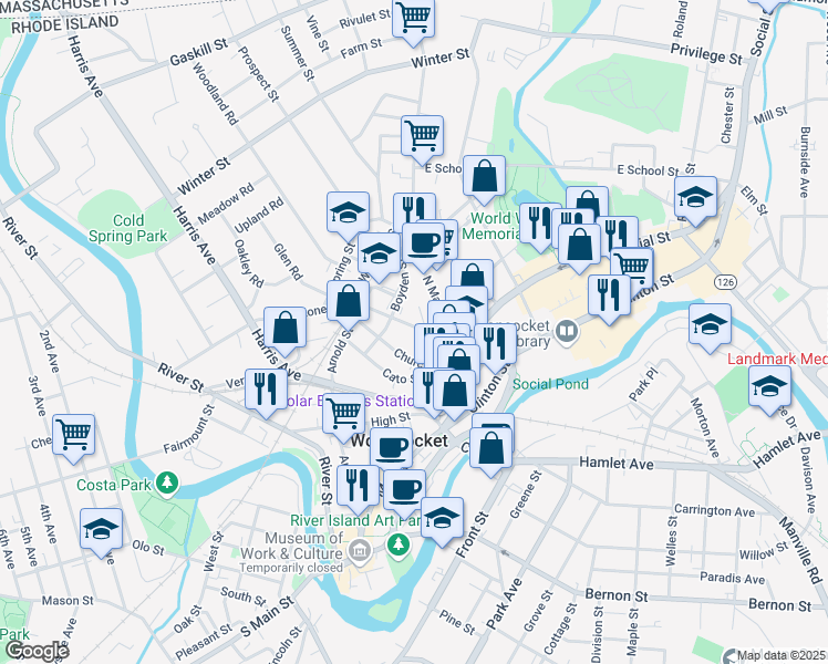 map of restaurants, bars, coffee shops, grocery stores, and more near 66 Blackstone Street in Woonsocket