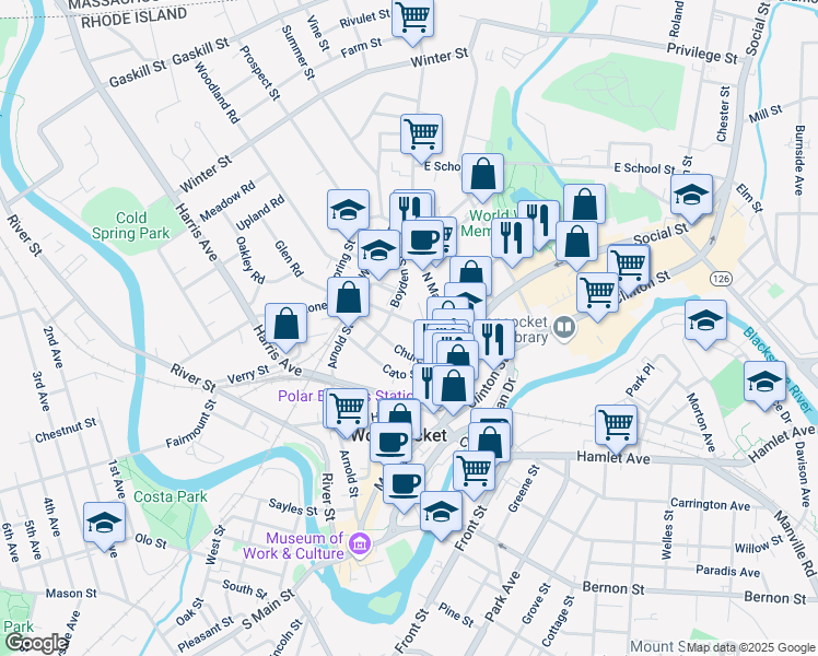 map of restaurants, bars, coffee shops, grocery stores, and more near 66 Blackstone Street in Woonsocket