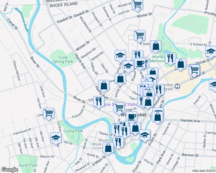 map of restaurants, bars, coffee shops, grocery stores, and more near 34 Kindergarten Street in Woonsocket
