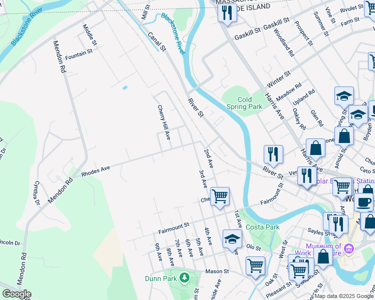 map of restaurants, bars, coffee shops, grocery stores, and more near 581 4th Avenue in Woonsocket