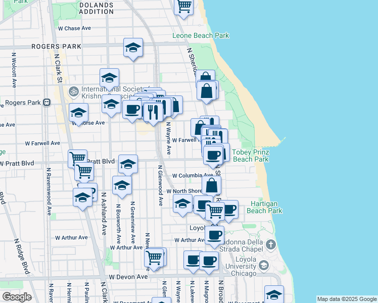 map of restaurants, bars, coffee shops, grocery stores, and more near 1246 West Pratt Boulevard in Chicago