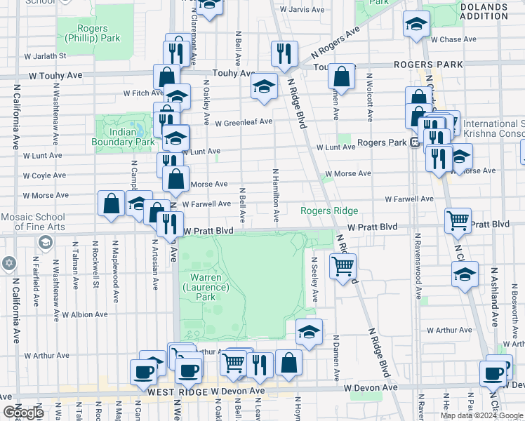 map of restaurants, bars, coffee shops, grocery stores, and more near 6826 North Hamilton Avenue in Chicago