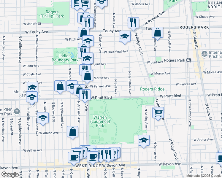 map of restaurants, bars, coffee shops, grocery stores, and more near 2223 West Farwell Avenue in Chicago