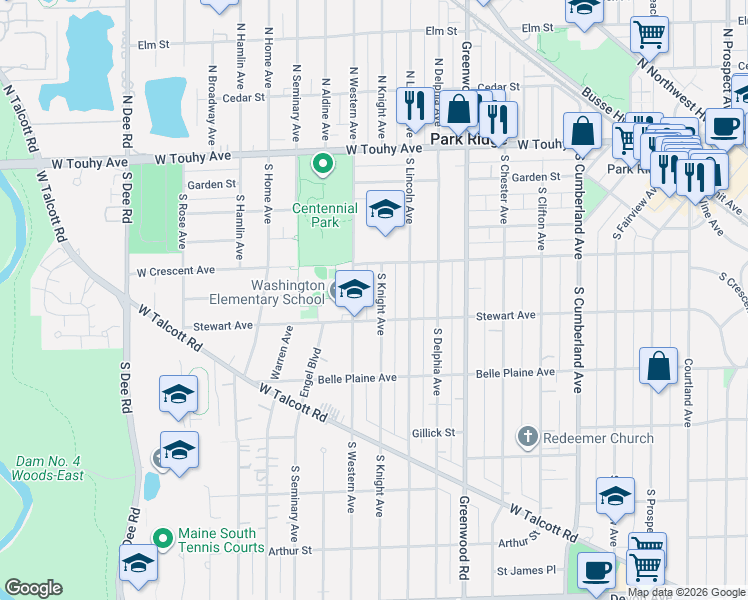 map of restaurants, bars, coffee shops, grocery stores, and more near 328 South Knight Avenue in Park Ridge