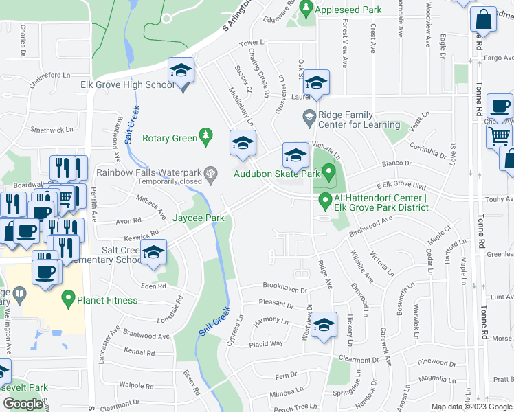 map of restaurants, bars, coffee shops, grocery stores, and more near 233 Washington Square in Elk Grove Village