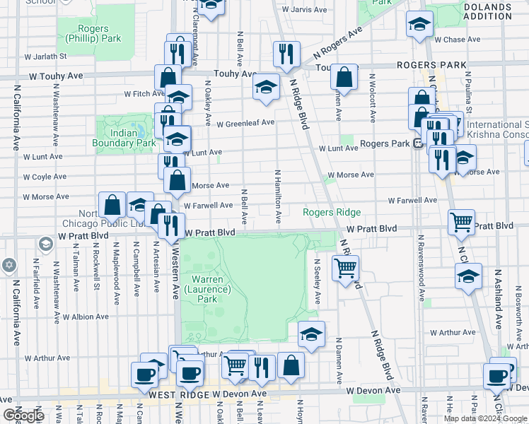 map of restaurants, bars, coffee shops, grocery stores, and more near 2115 West Farwell Avenue in Chicago