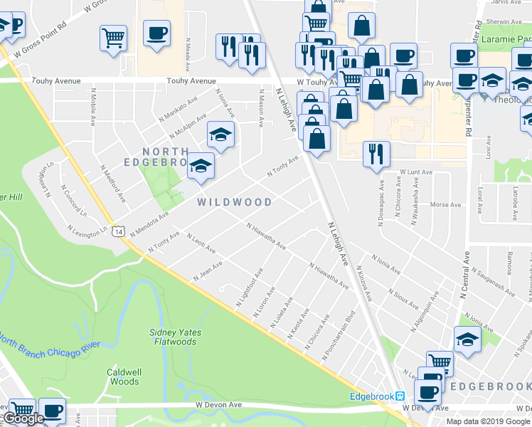 map of restaurants, bars, coffee shops, grocery stores, and more near 6877 North Wildwood Avenue in Chicago
