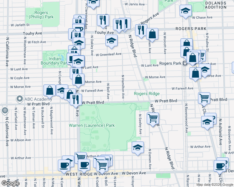 map of restaurants, bars, coffee shops, grocery stores, and more near 6826 North Hamilton Avenue in Chicago