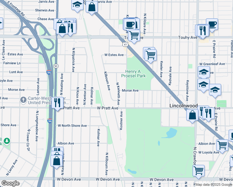 map of restaurants, bars, coffee shops, grocery stores, and more near 6854 Kenneth Avenue in Lincolnwood