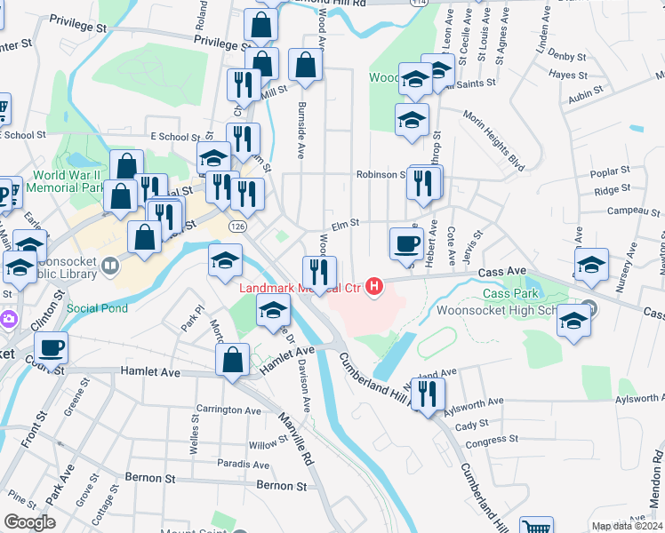 map of restaurants, bars, coffee shops, grocery stores, and more near 59 Wood Avenue in Woonsocket