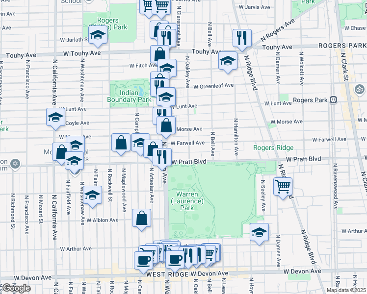 map of restaurants, bars, coffee shops, grocery stores, and more near 2307 West Farwell Avenue in Chicago