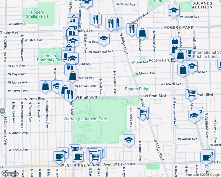 map of restaurants, bars, coffee shops, grocery stores, and more near 6826 North Hamilton Avenue in Chicago