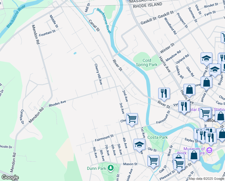 map of restaurants, bars, coffee shops, grocery stores, and more near 581 4th Avenue in Woonsocket