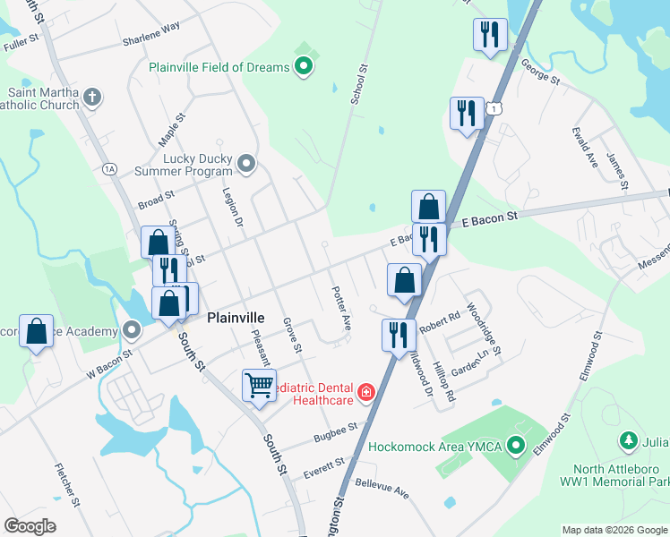 map of restaurants, bars, coffee shops, grocery stores, and more near 85 East Bacon Street in Plainville