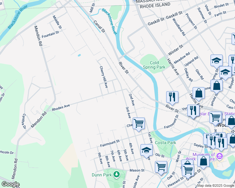 map of restaurants, bars, coffee shops, grocery stores, and more near 581 4th Avenue in Woonsocket