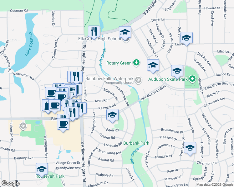 map of restaurants, bars, coffee shops, grocery stores, and more near 823 Milbeck Avenue in Elk Grove Village