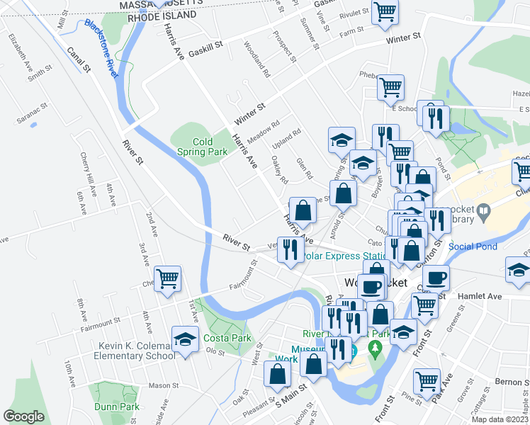 map of restaurants, bars, coffee shops, grocery stores, and more near 491 Blackstone Street in Woonsocket