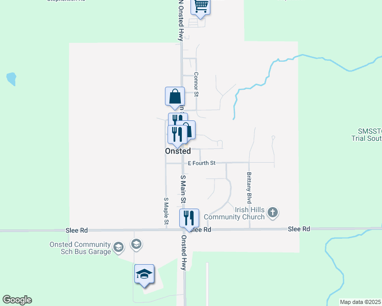 map of restaurants, bars, coffee shops, grocery stores, and more near 111 South Third Street in Onsted