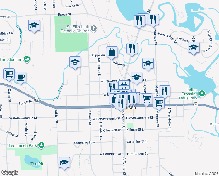map of restaurants, bars, coffee shops, grocery stores, and more near 209 North Pearl Street in Tecumseh