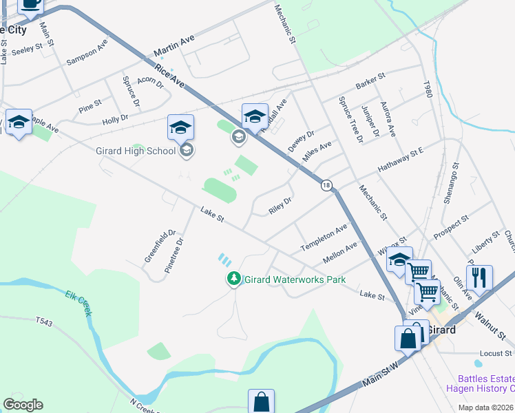 map of restaurants, bars, coffee shops, grocery stores, and more near 401 Miles Ave in Girard