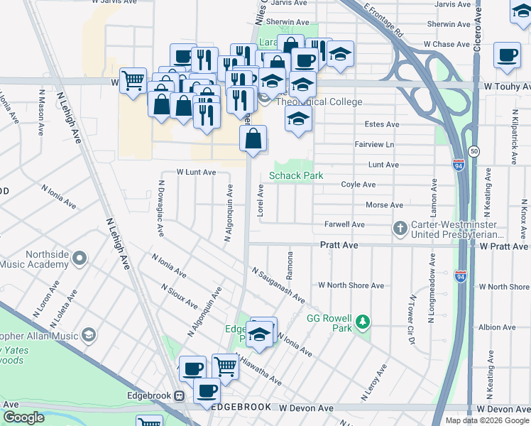 map of restaurants, bars, coffee shops, grocery stores, and more near 6843 Lorel Avenue in Skokie