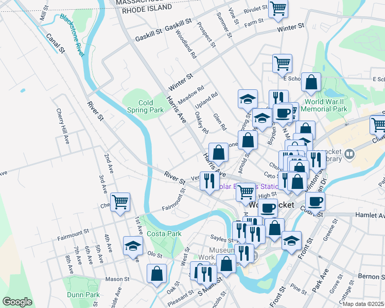 map of restaurants, bars, coffee shops, grocery stores, and more near 495 Blackstone St in Woonsocket