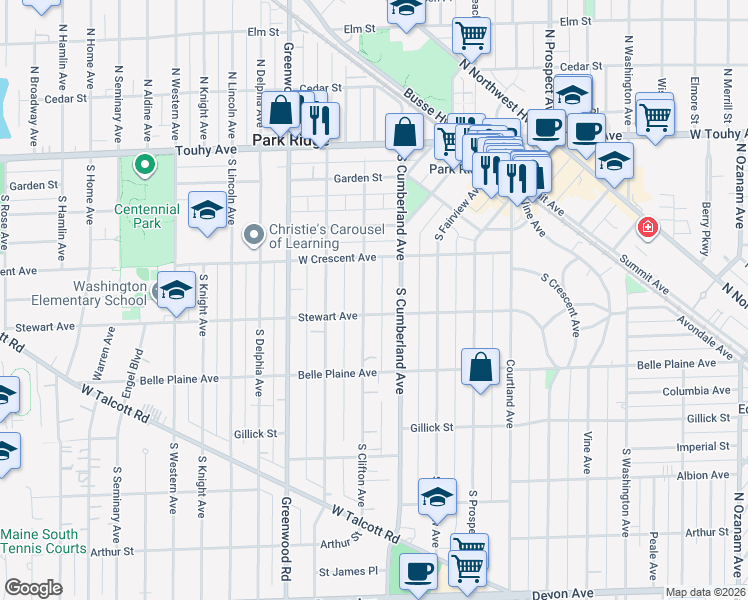 map of restaurants, bars, coffee shops, grocery stores, and more near 405 South Clifton Avenue in Park Ridge